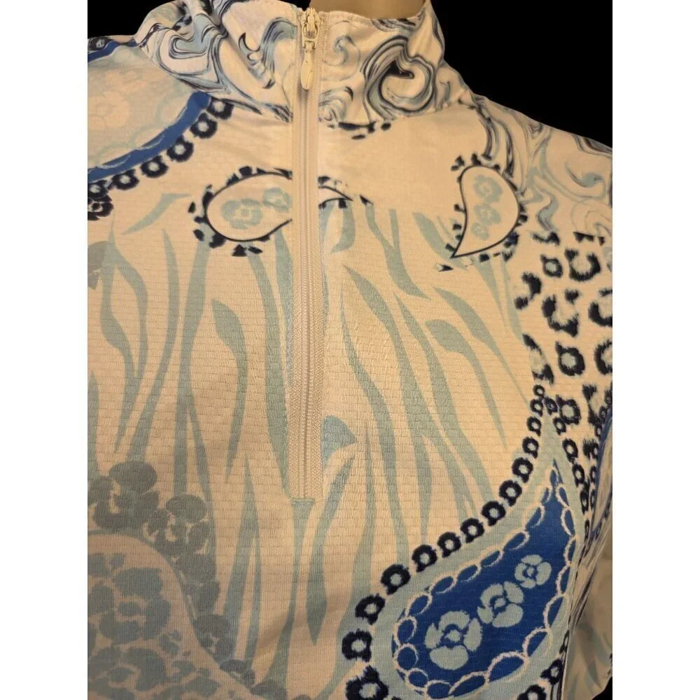 Gottex Sz XS Blue Paisley Rash Guard Sun Shirt Long Sleeve Zip Top Mesh Vent